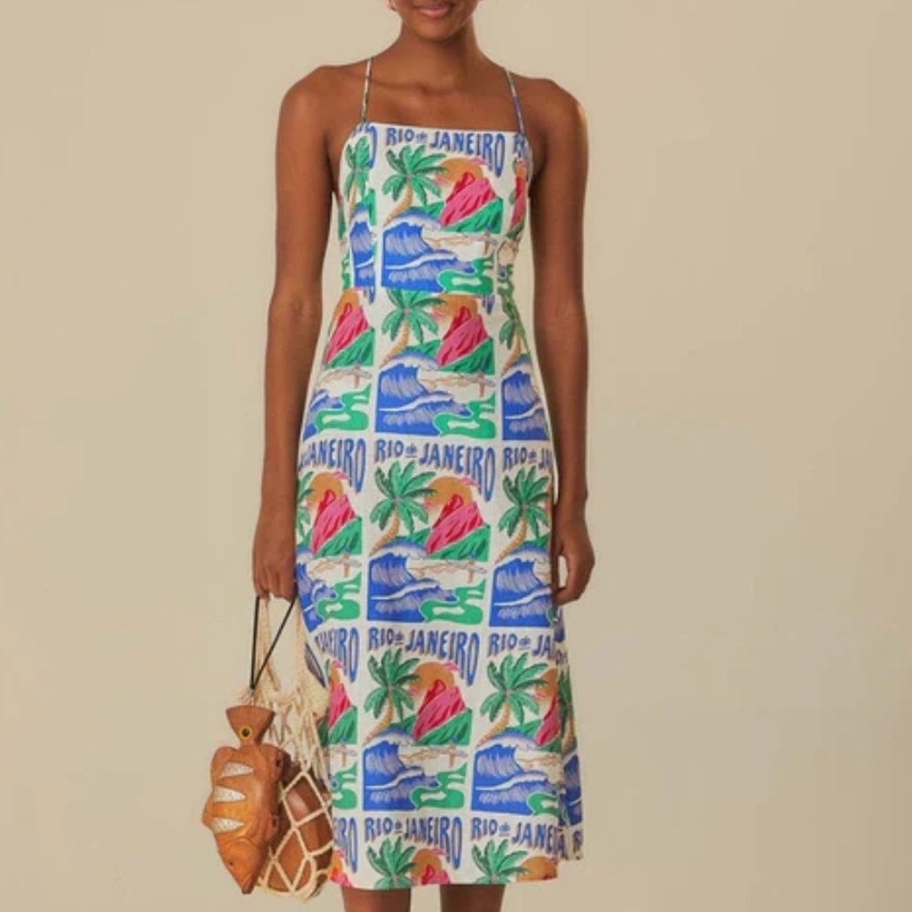 Farm Rio Off-White Carioca Posters Midi Dress, Size XL